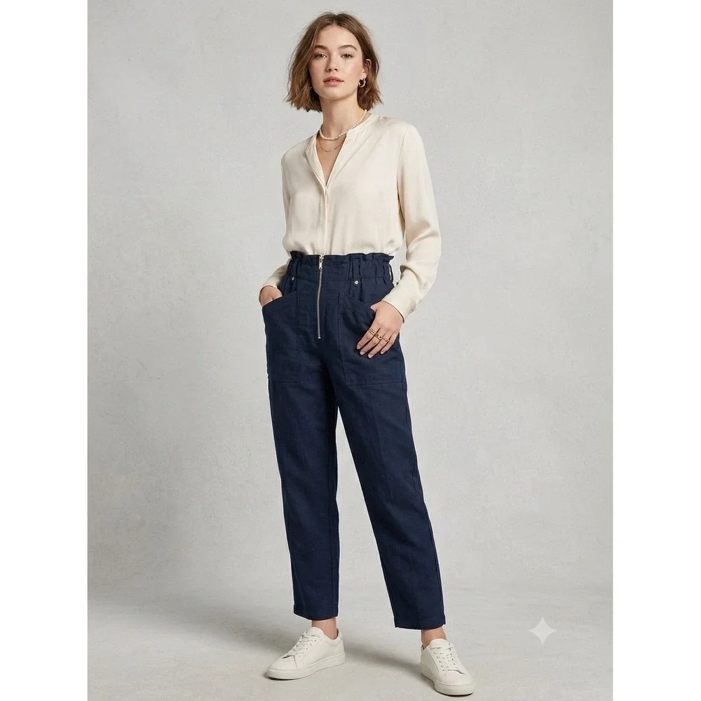 Banana Republic Petite Navy Blue‎ Paperbag Pant High Rise Cotton Linen 6P 862597